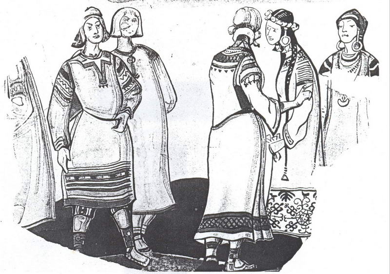 Н.К.Рерих. Сцена из пяти(?) фигур в костюмах. 1920