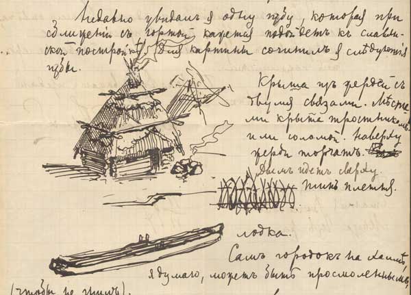 Н.К.Рерих. Рисунок в письме к В.В. Стасову от 11 июля 1897 (крыша и лодка). 1897