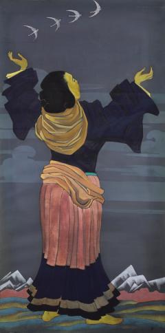 С.Н.Рерих. Большая декоративная панель (Женщина, смотрящая в небеса с птицами, летающими над головой; Женщина на фоне Гималаев). 1941 (1930)