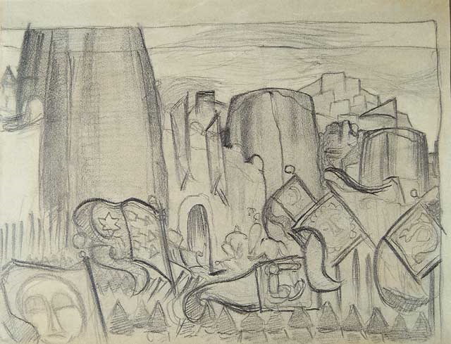 Н.К.Рерих. Въезд Грозного (Рисунок декорации). 1914-1916