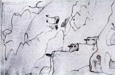 Н.К.Рерих. Руины построек и скальных пещер культуры Анасази. Каньон Тюоньи, Рито де лос Фрихолес (?). 1921
