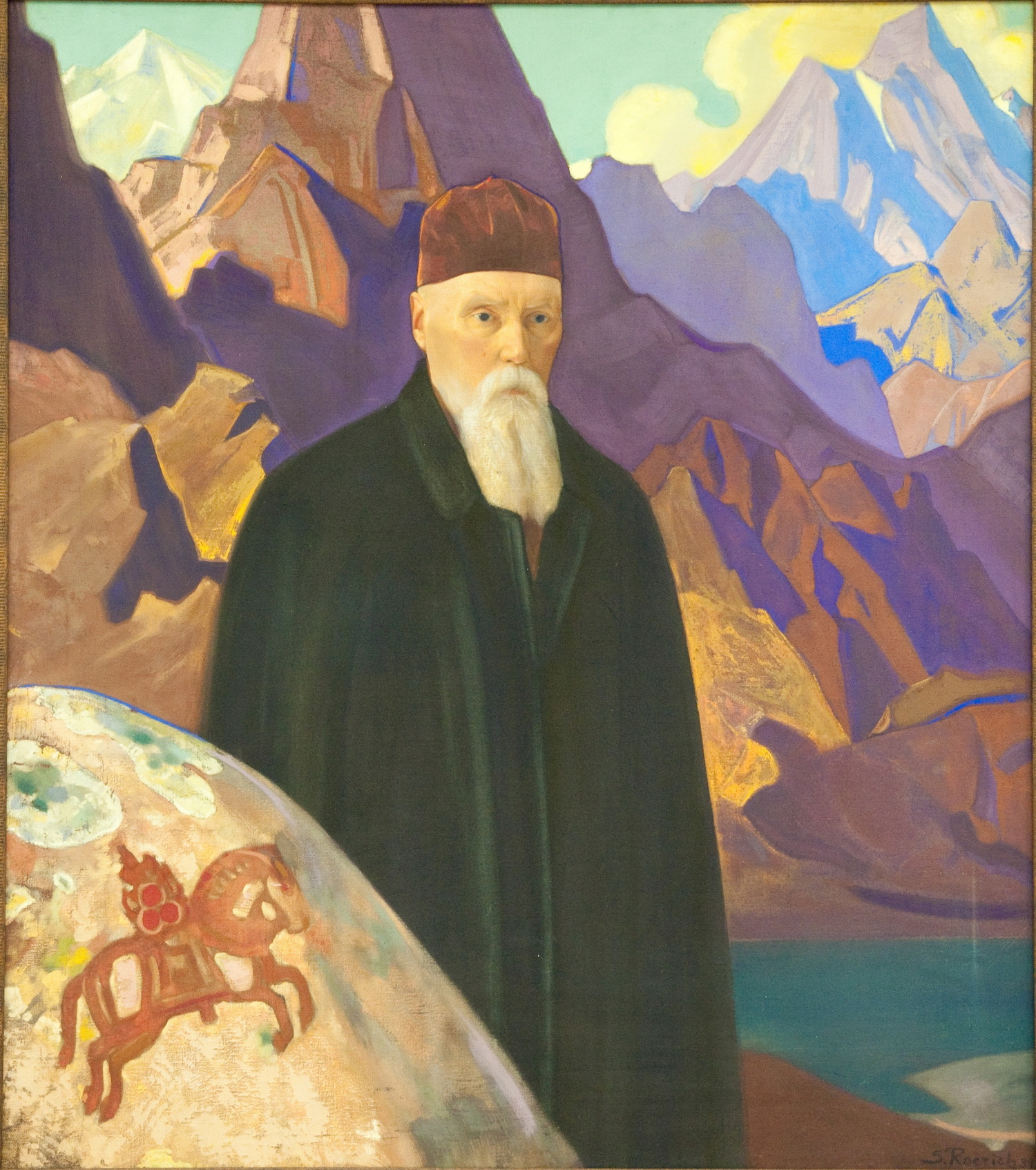 С.Н.Рерих. Портрет Н.К.Рериха на фоне гор (Портрет Н.К. Рериха около камня с Чинтамани). 1934