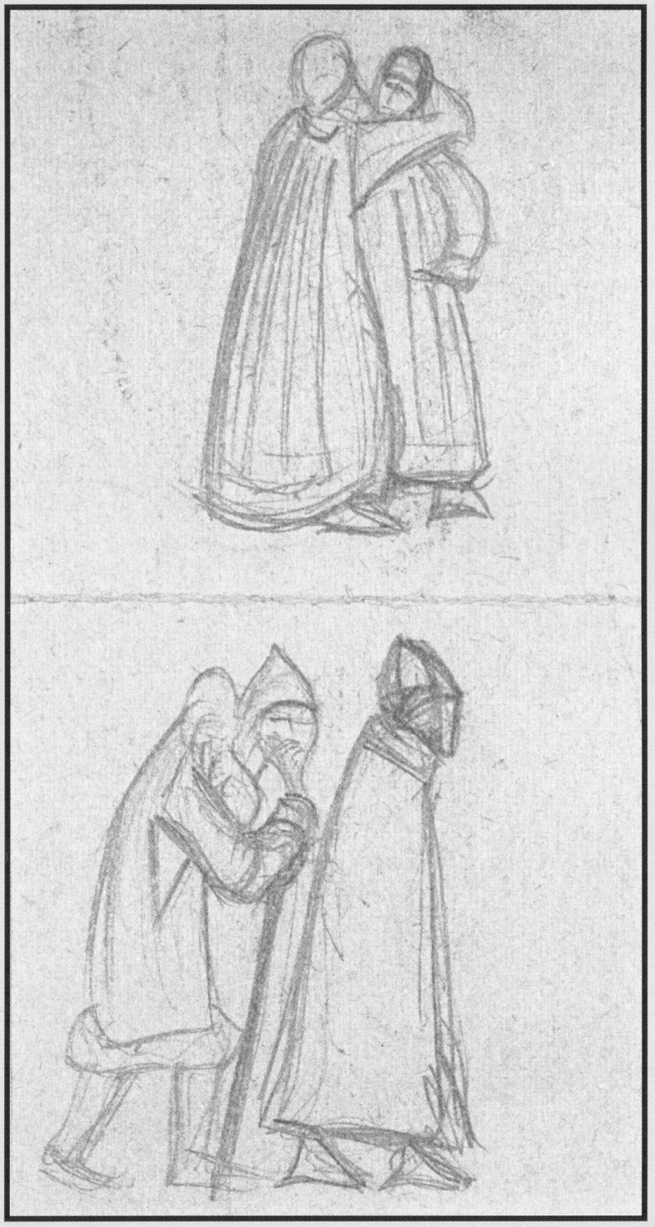 Н.К.Рерих. Две женские фигуры в длинных одеждах. Две мужские фигуры. Наброски. 1917-1918 (?)