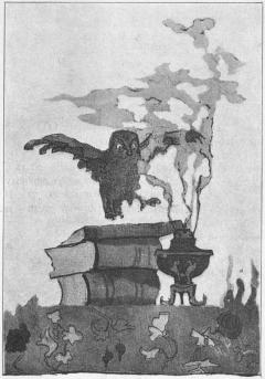 Н.К.Рерих. Сова на стопке книг (Сова над стопкой книг). Заключительная виньетка. 1896
