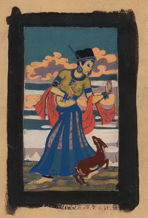 С.Н.Рерих. Женщина с косулей. Эскиз для декоративного панно. 1925
