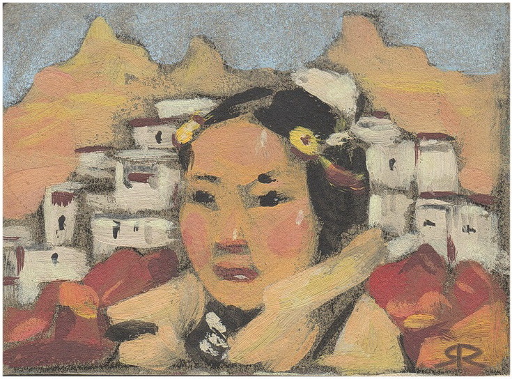 С.Н.Рерих. Портрет девушки на фоне строения. 1930-1940-е