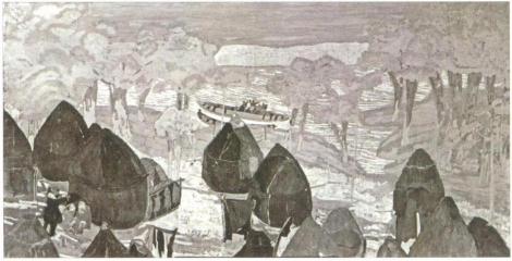 Н.К.Рерих. Каменный век. Деревня первобытных (эскиз фрески). 1905 (?)