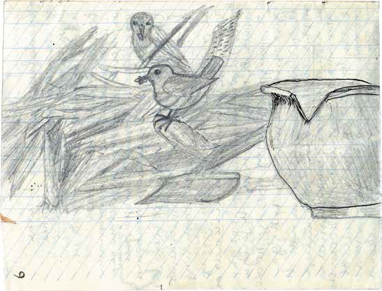 С.Н.Рерих. Чучела двух птиц и горшок. Стр. 6 из рукописного сборника. 1914