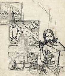 С.Н.Рерих. Наброски к портретам Н.К.Рериха и мужчины играющего на флейте. 1930-1940-е