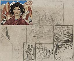 С.Н.Рерих. Портрет девушки на фоне пестрых скал и другие наброски. 1932
